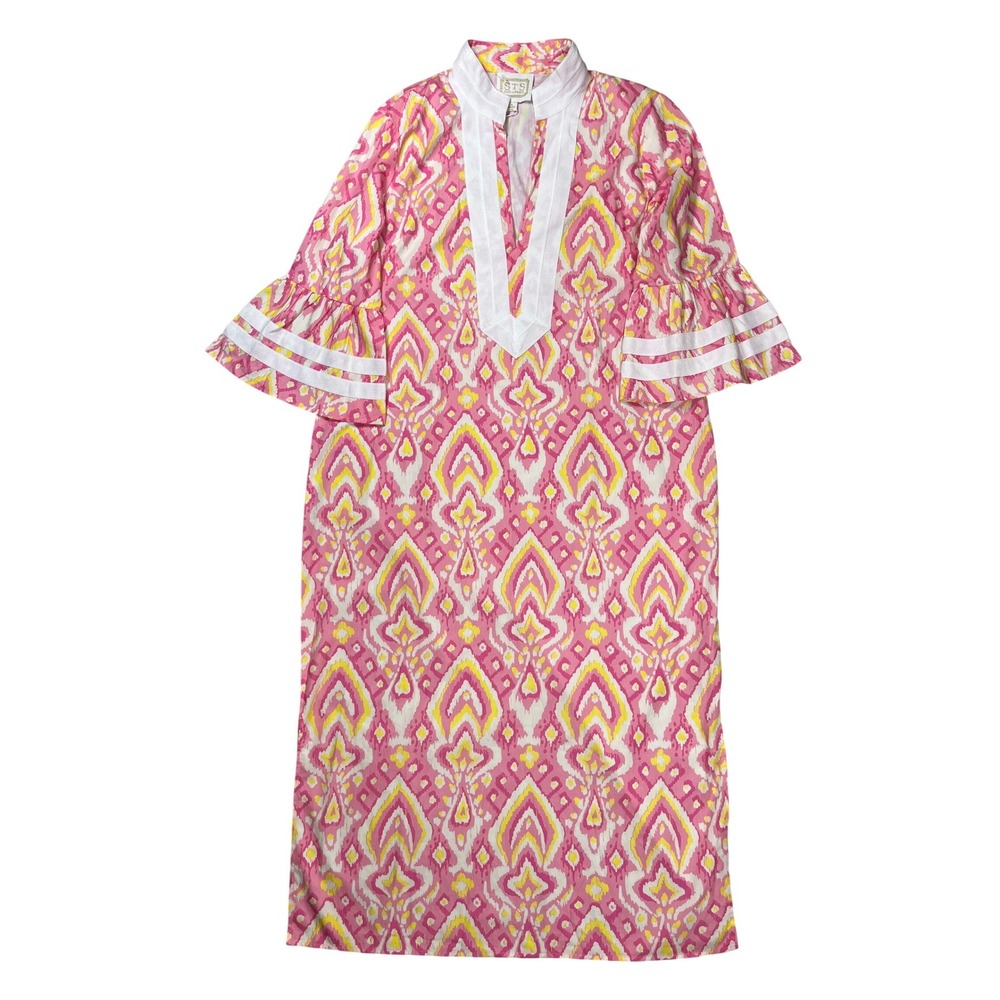 New Sail To Sable Bell Sleeve Caftan Women's XL Pink Yellow Cotton Dress Pockets